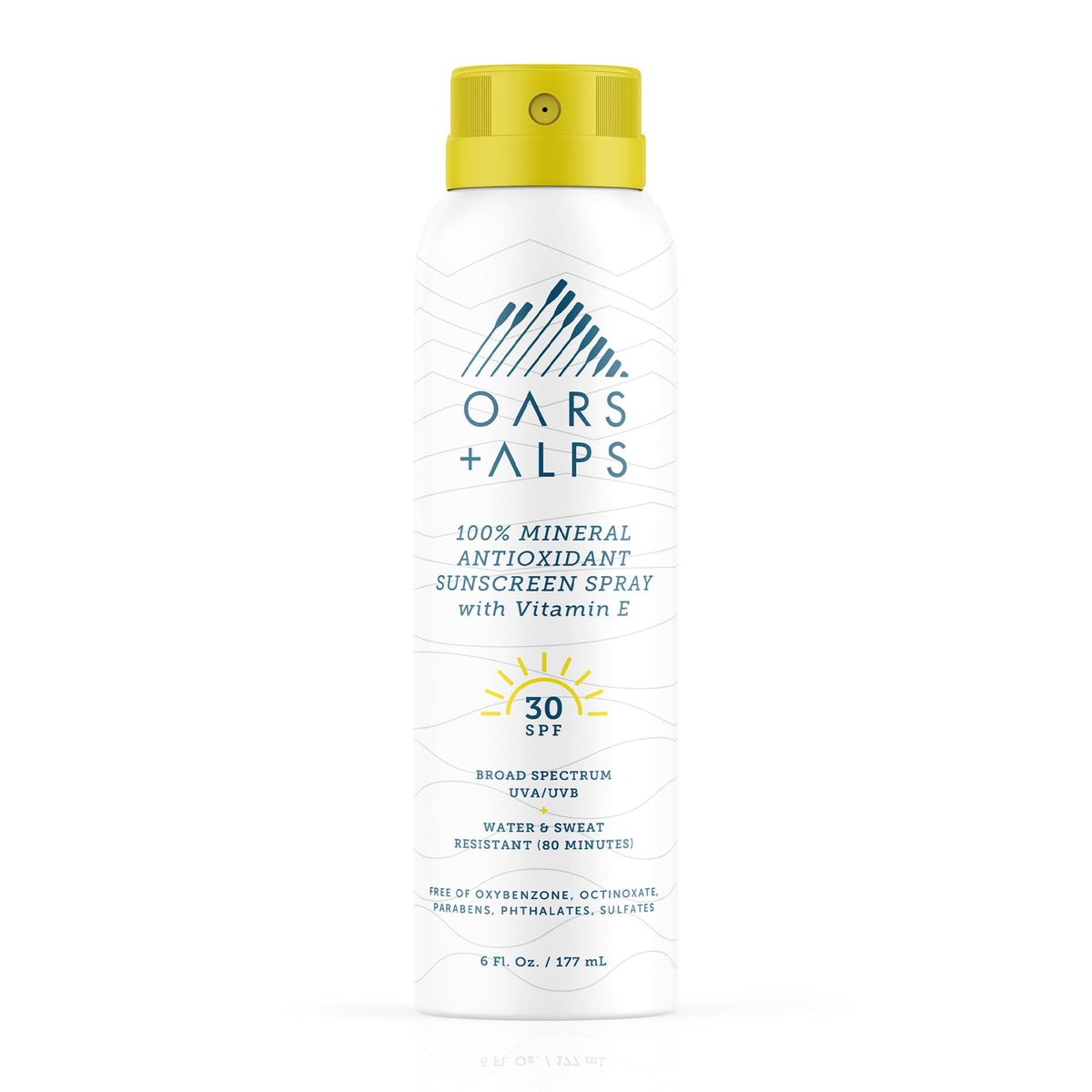 Oars + Alps sunscreen spray front view showing clean packaging and SPF 30 protection