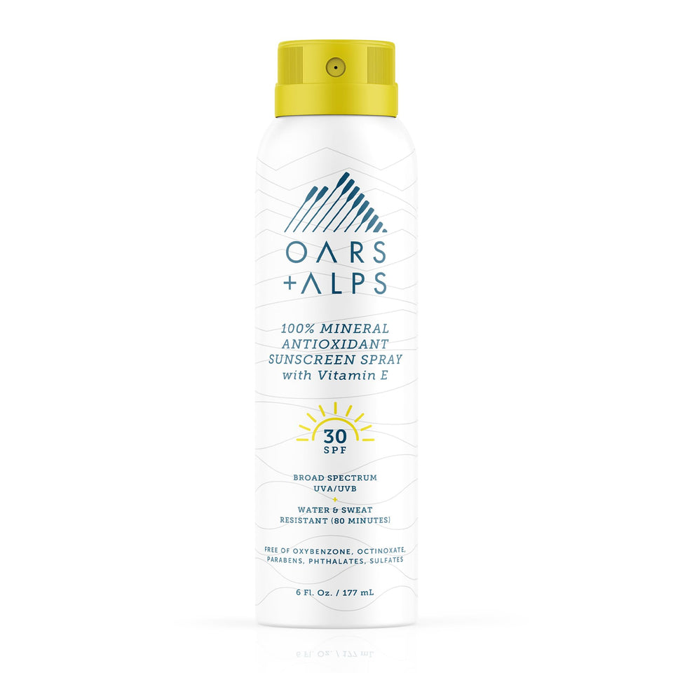 Oars + Alps sunscreen spray front view showing clean packaging and SPF 30 protection