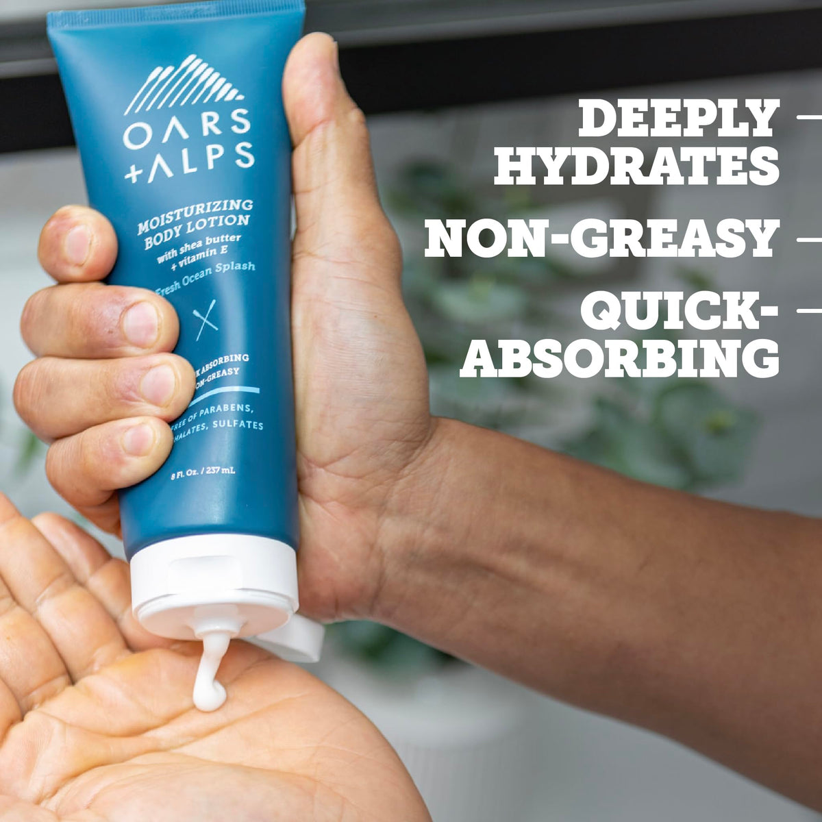 Oars + Alps lotion texture close-up highlighting creamy absorption and hydrating feel