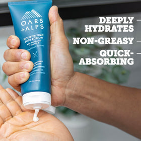 Oars + Alps lotion texture close-up highlighting creamy absorption and hydrating feel