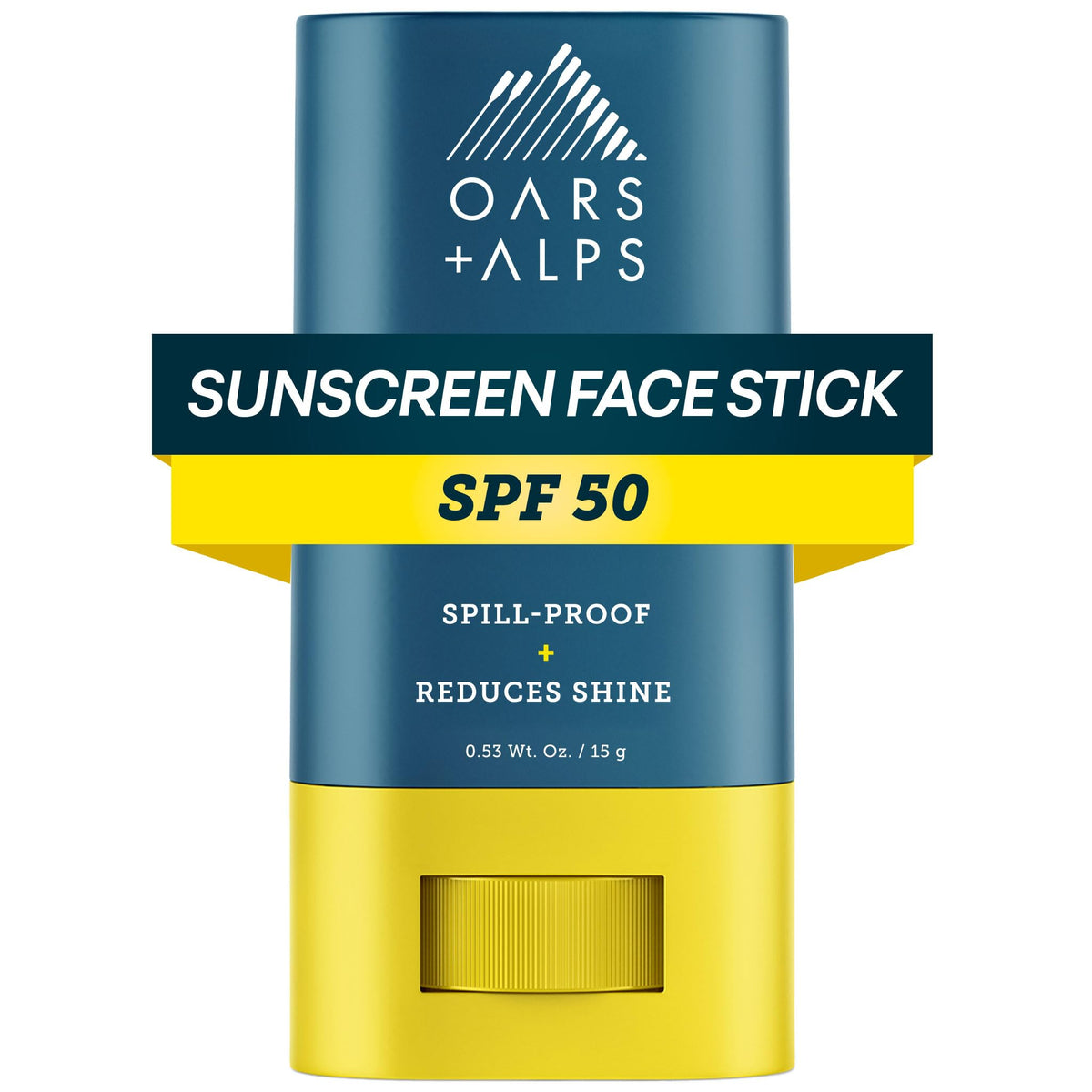 Oars + Alps face stick front packaging showing compact travel-friendly SPF 50