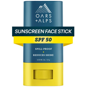 Oars + Alps face stick front packaging showing compact travel-friendly SPF 50