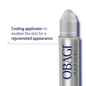Obagi ELASTIderm being applied under eye demonstrating de‑puffing, instant refresh