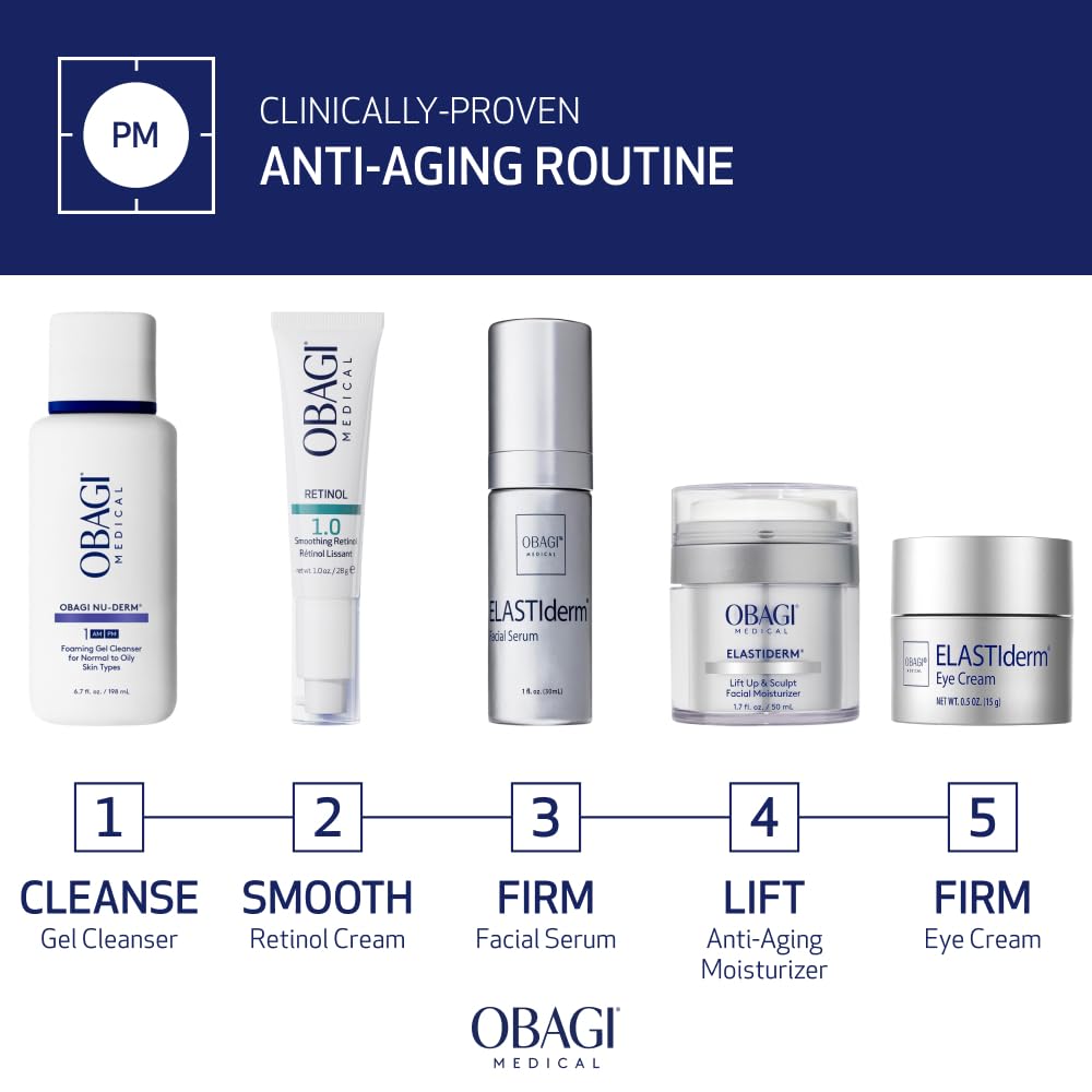 Obagi ELASTIderm on bathroom counter in a lifestyle setting promoting daily routine use