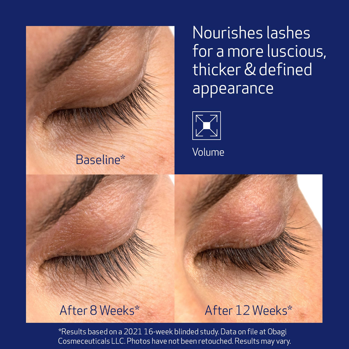 Obagi eyelash serum texture drop highlighting hydration and buildable lash look