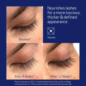 Obagi eyelash serum texture drop highlighting hydration and buildable lash look