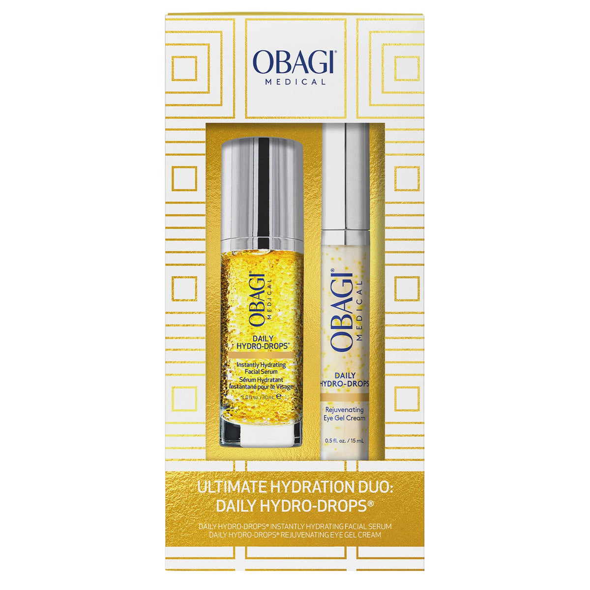 Obagi Medical Daily Hydro-Drops front packaging showing clear bottle, boosts skin hydration