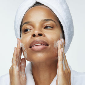 Obagi Medical bottle on bathroom counter styled for morning routine benefit