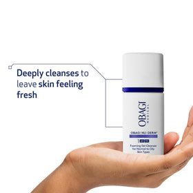 Obagi Medical gel texture whipped into foam showing gentle cleanup benefit
