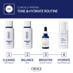 Obagi Medical toner bottle beside serums illustrating compatibility with treatments