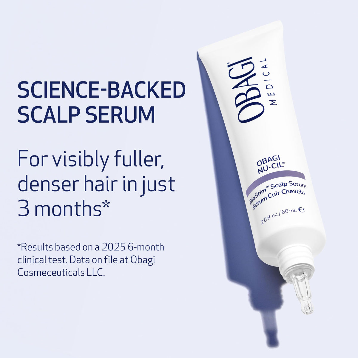 Obagi Medical serum texture on fingertip illustrating fast-absorbing, lightweight feel