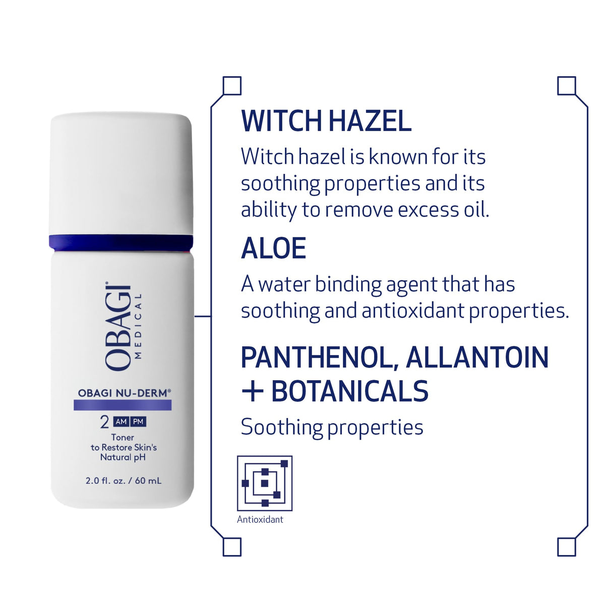 Obagi Medical toner beside witch hazel leaves emphasizing gentle botanical soothing