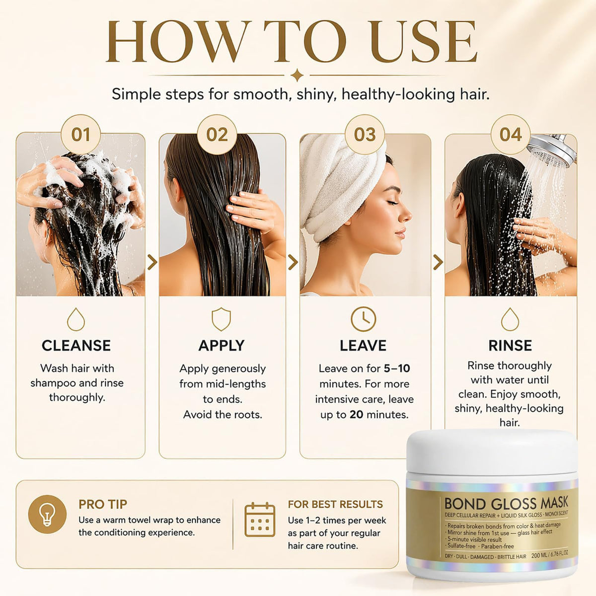 After-use shiny hair result from Obemary Maybe Paris mask demonstrating smooth gloss finish