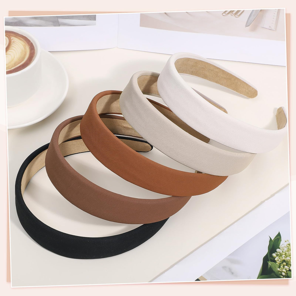 obeoby all five neutral headbands laid flat showing color variety for easy outfit pairing