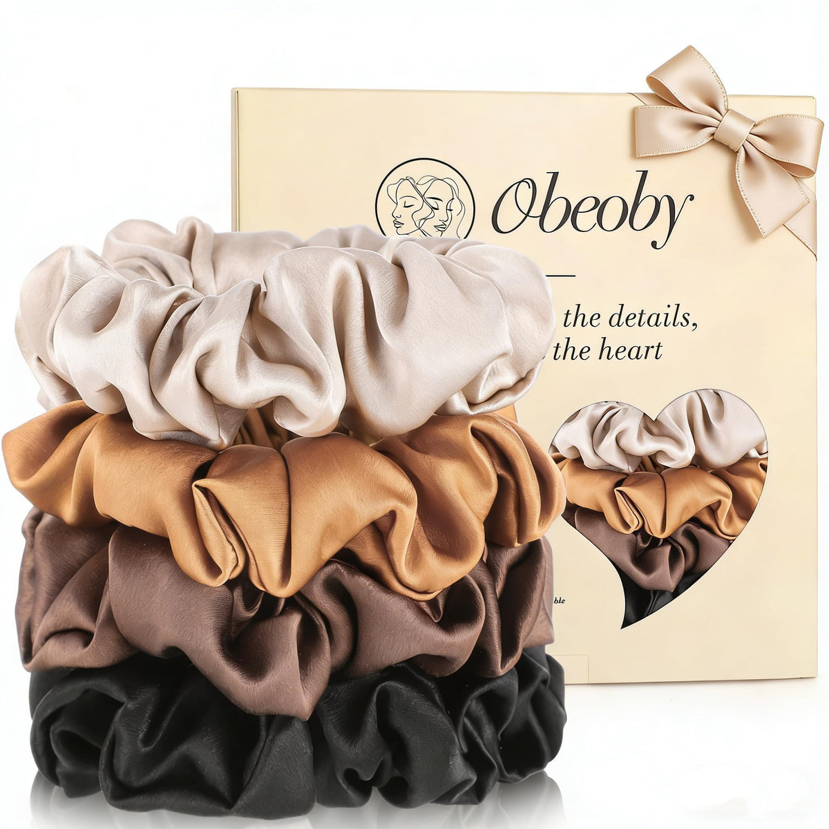 obeoby front packaging showing four coffee silk scrunchies and elegance