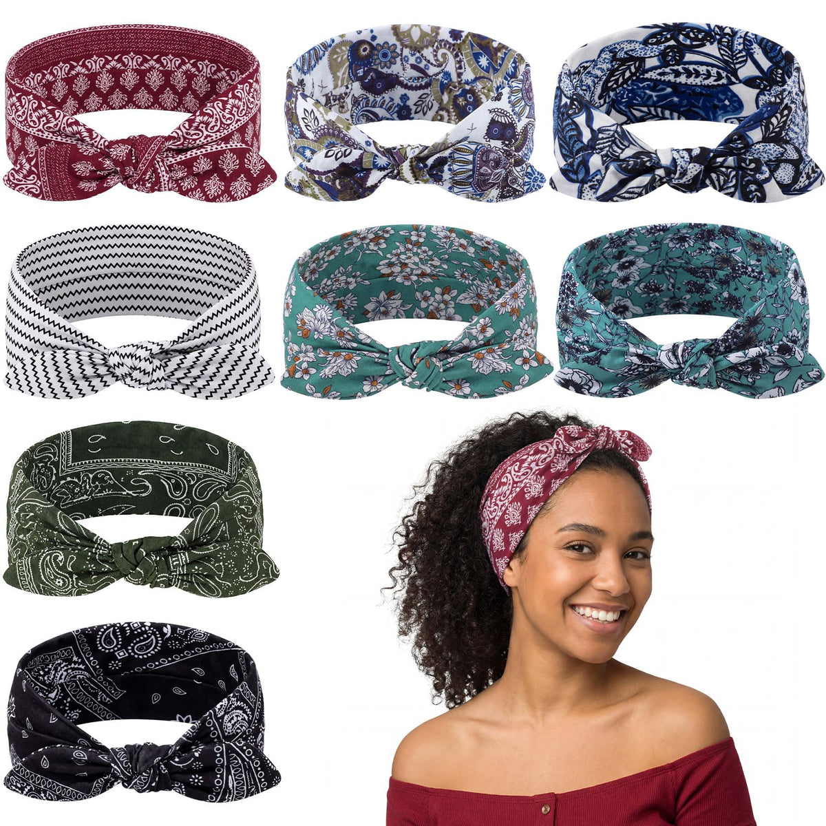 obeoby front pack display showing eight colorful boho headbands and variety