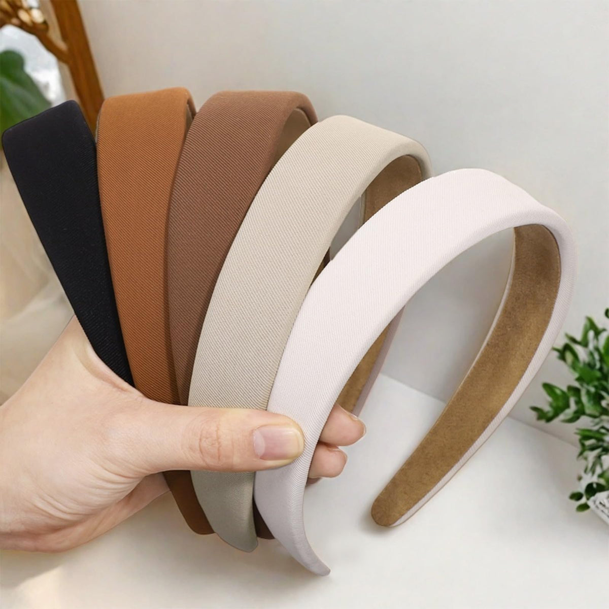 obeoby front view of five neutral headbands showing coordinated colors and packaging benefits