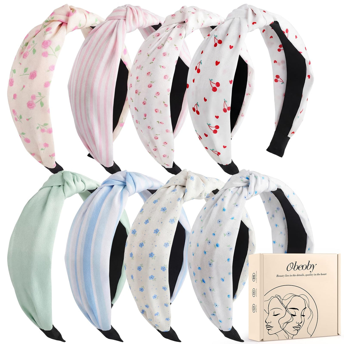 obeoby front view of eight knotted headbands showing prints and colors, easy outfit matching