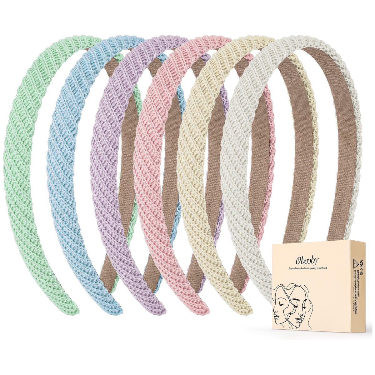 obeoby front packaging showing six pastel headbands and clear set benefit
