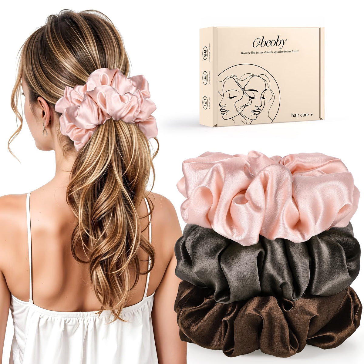 obeoby front packaging showing three satin scrunchies, stylish protection