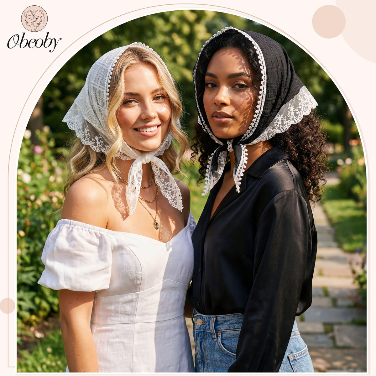 obeoby model wearing lace bandana with bridal updo, adds romantic finish
