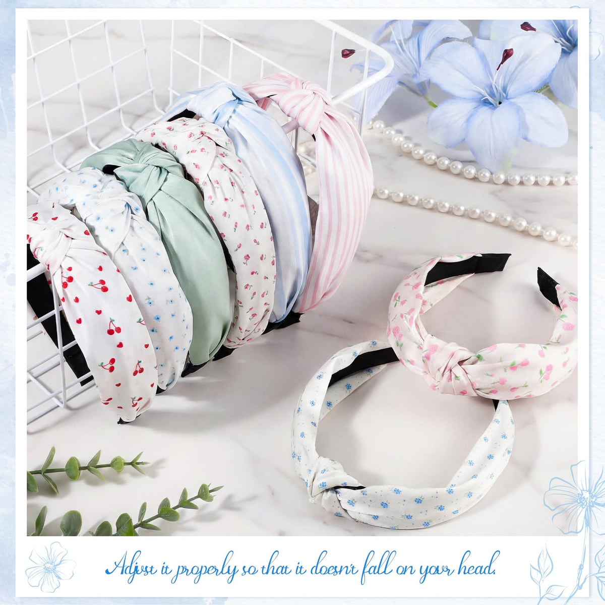 obeoby woman wearing floral knotted headband styling a spring outfit, adds polished look