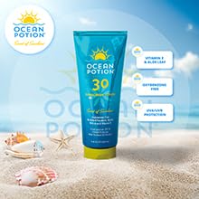 Ocean Potion ingredient label detail showing aloe and vitamin E benefits
