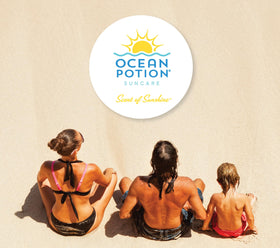 Ocean Potion water splashing on bottle to show 80-minute water-resistant benefit