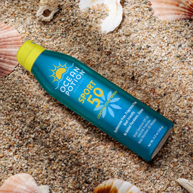 Ocean Potion on beach towel showing convenient sport sunscreen for outings