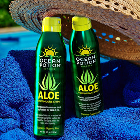 Ocean Potion being sprayed on shoulder showing quick, even coverage for aftersun care