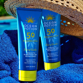 Ocean Potion near pool illustrating 80-minute water-resistant benefit