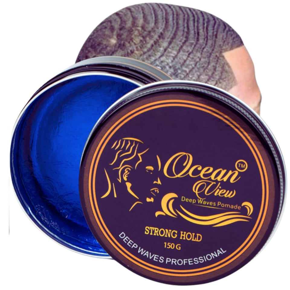 ocean view deep waves pomade front tin showing brand and packaging benefit durable hold