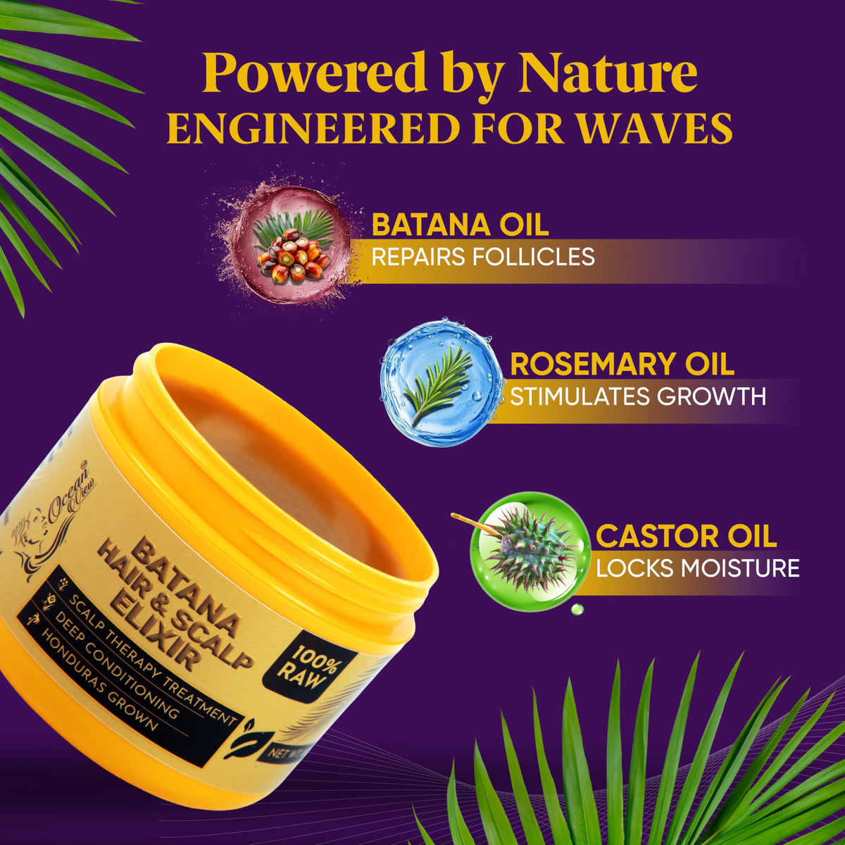 Ocean View Deep Waves batana oil bottle and rosemary sprig highlighting natural ingredients