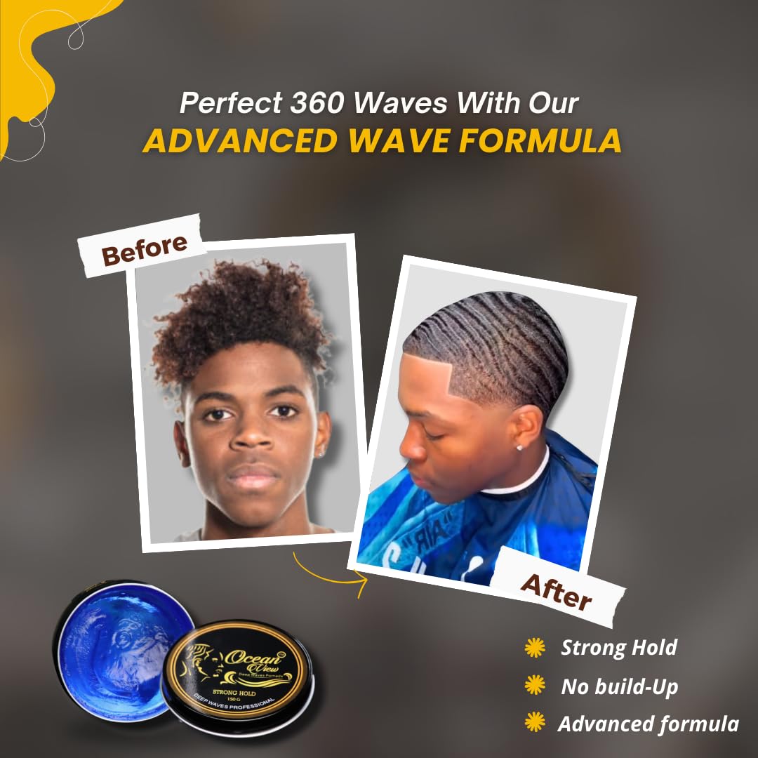 ocean view deep waves pomade label closeup highlighting product name and barbershop scent