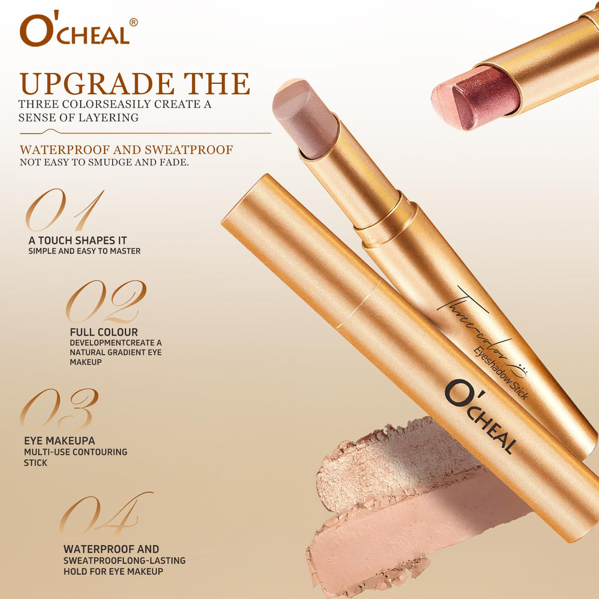 O'CHEAL swatches on arm displaying gradient tones and lasting color payoff