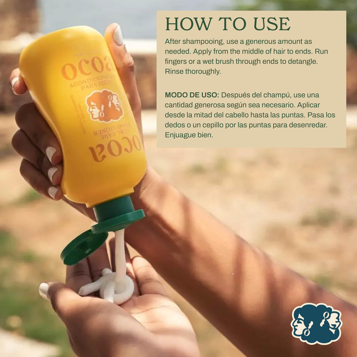 OCOA applying conditioner to curly hair for easier detangling and softness