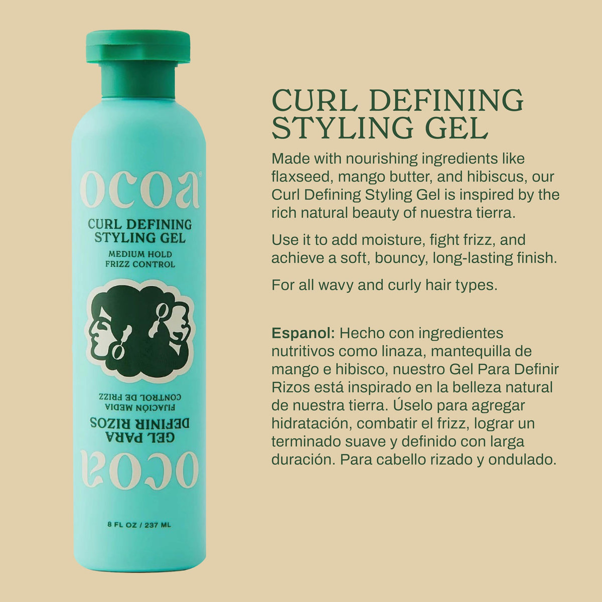 OCOA label close-up highlighting flaxseed, mango butter and hibiscus
