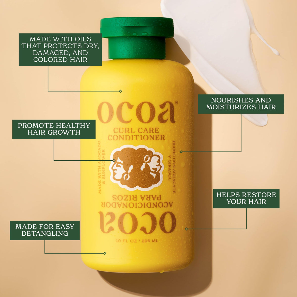 OCOA creamy conditioner texture poured from bottle demonstrating smoothing slip