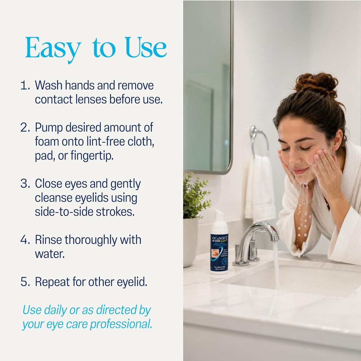 OCuSOFT being applied to closed eyelid for safe removal of oil and makeup