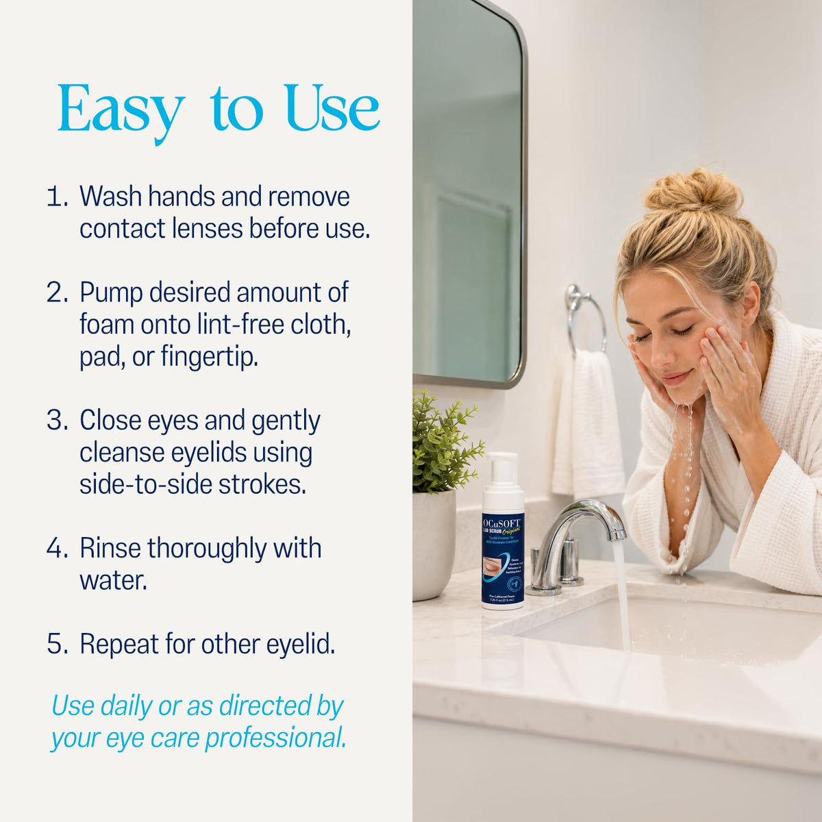 OCuSOFT applied to closed eyelid demonstrating gentle cleansing benefit