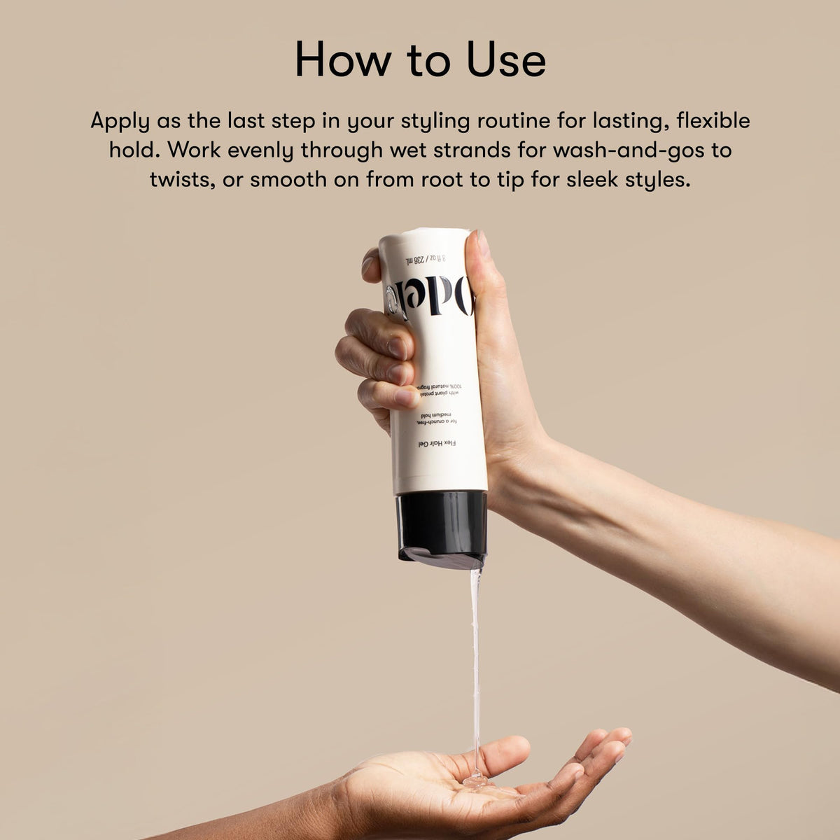 Odele flex hair gel finished dry style, showing natural shine and flexible hold