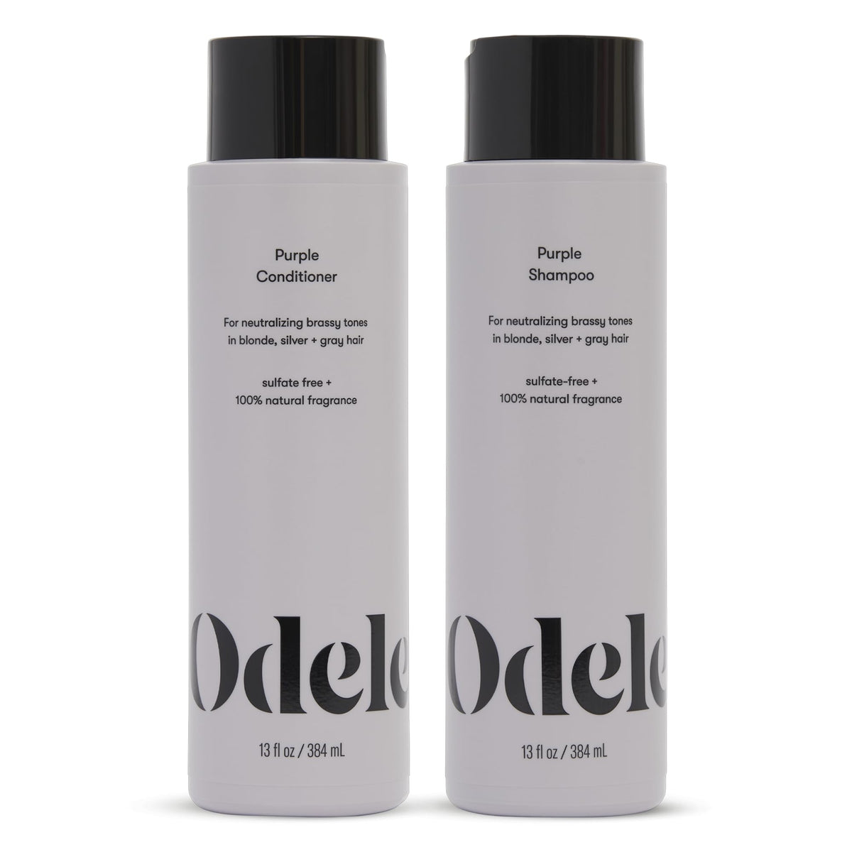 Odele front packaging showing purple shampoo and conditioner for neutralizing brassiness