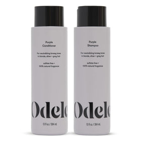 Odele front packaging showing purple shampoo and conditioner for neutralizing brassiness