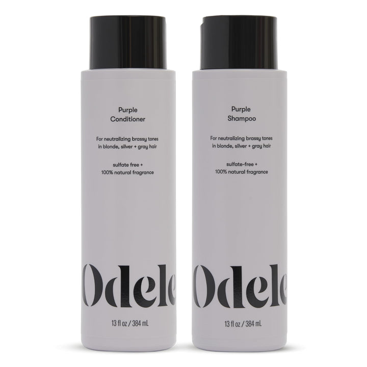 Odele front packaging showing purple shampoo and conditioner for neutralizing brassiness