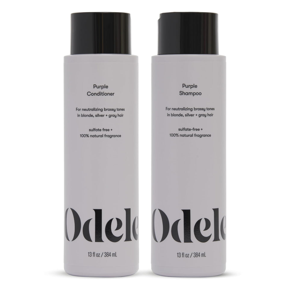 Odele front packaging showing purple shampoo and conditioner for neutralizing brassiness
