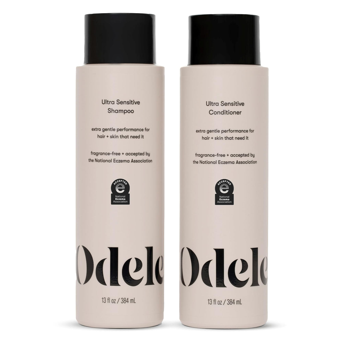 Odele front packaging showing shampoo and conditioner duo and gentle formula benefit