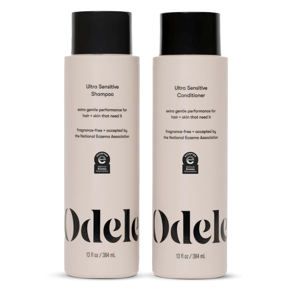 Odele front packaging showing shampoo and conditioner duo and gentle formula benefit
