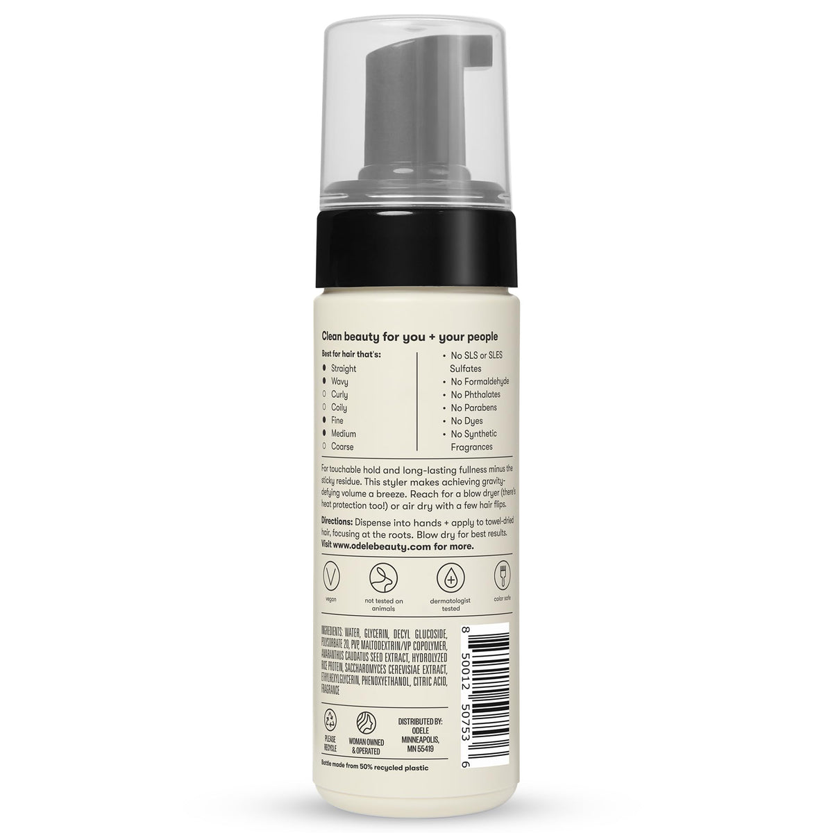 Odele bottle on bathroom shelf with styling tools, clean routine