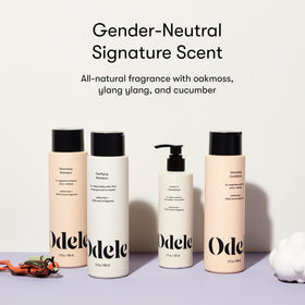 Odele shampoo on bathroom shelf showing daily routine benefit