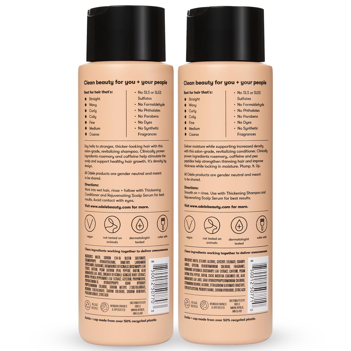 Hand holding Odele bottles for scale showing compact 13 fl oz size and travel-friendly benefit